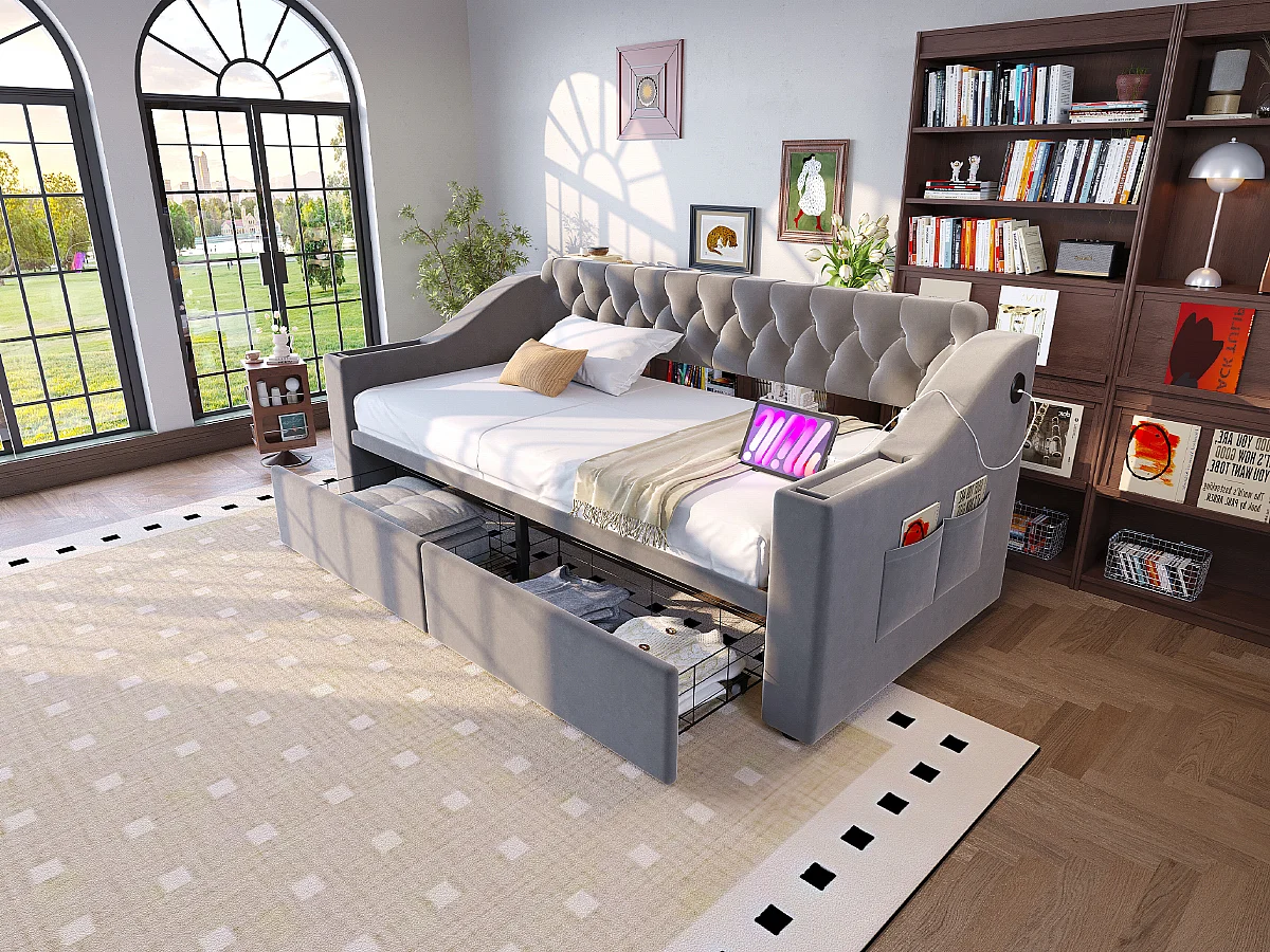 Canapé-lit capitonné enfant - 90 x 190 cm - avec accoudoirs de rangement + USB + 2 tiroirs - velours - gris clair