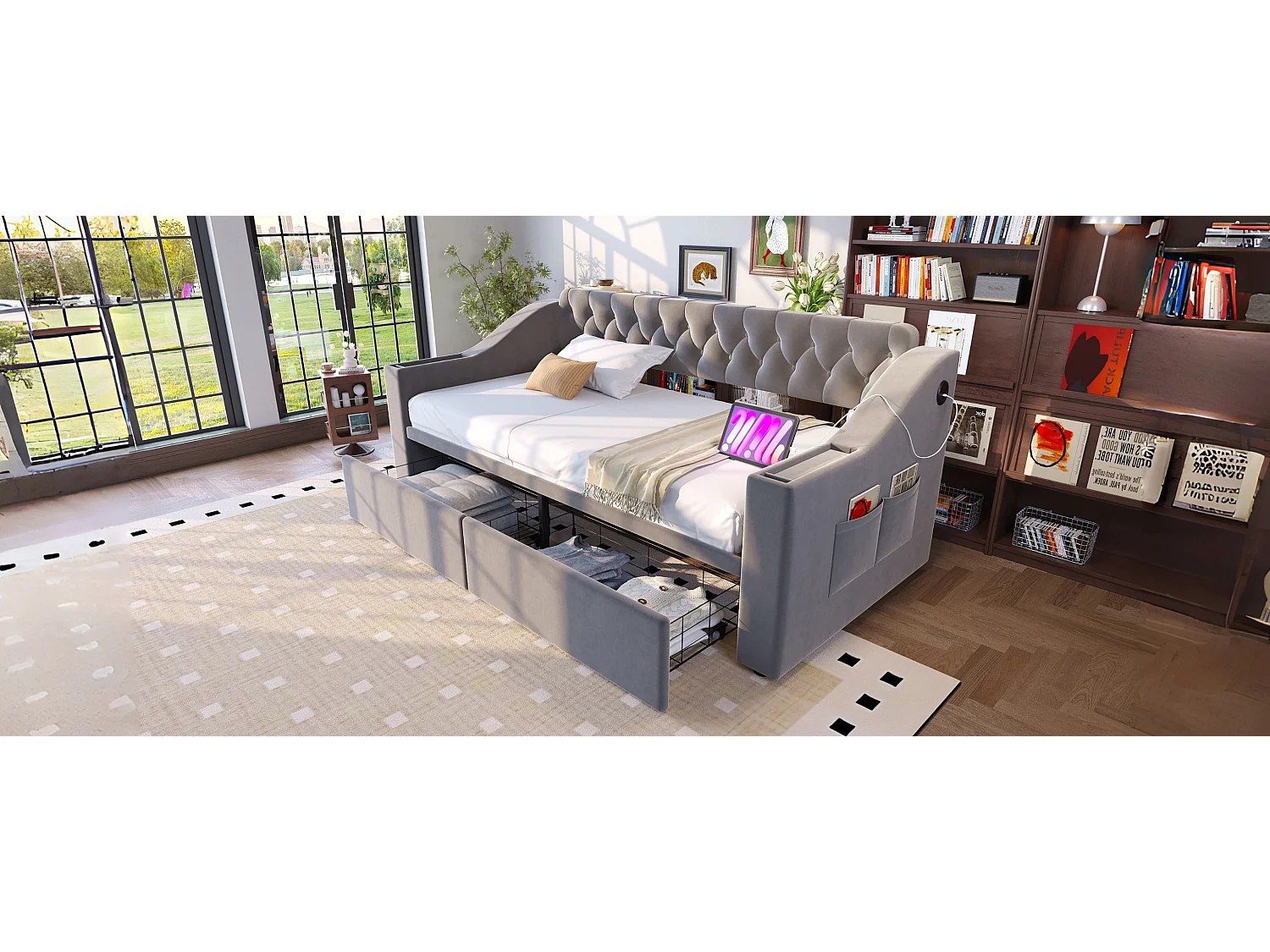 Canapé-lit capitonné enfant - 90 x 190 cm - avec accoudoirs de rangement + USB + 2 tiroirs - velours - gris clair