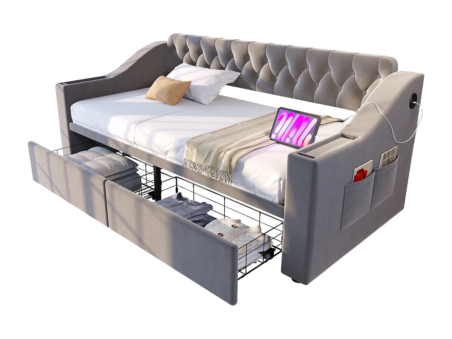 Canapé-lit capitonné enfant - 90 x 190 cm - avec accoudoirs de rangement + USB + 2 tiroirs - velours - gris clair