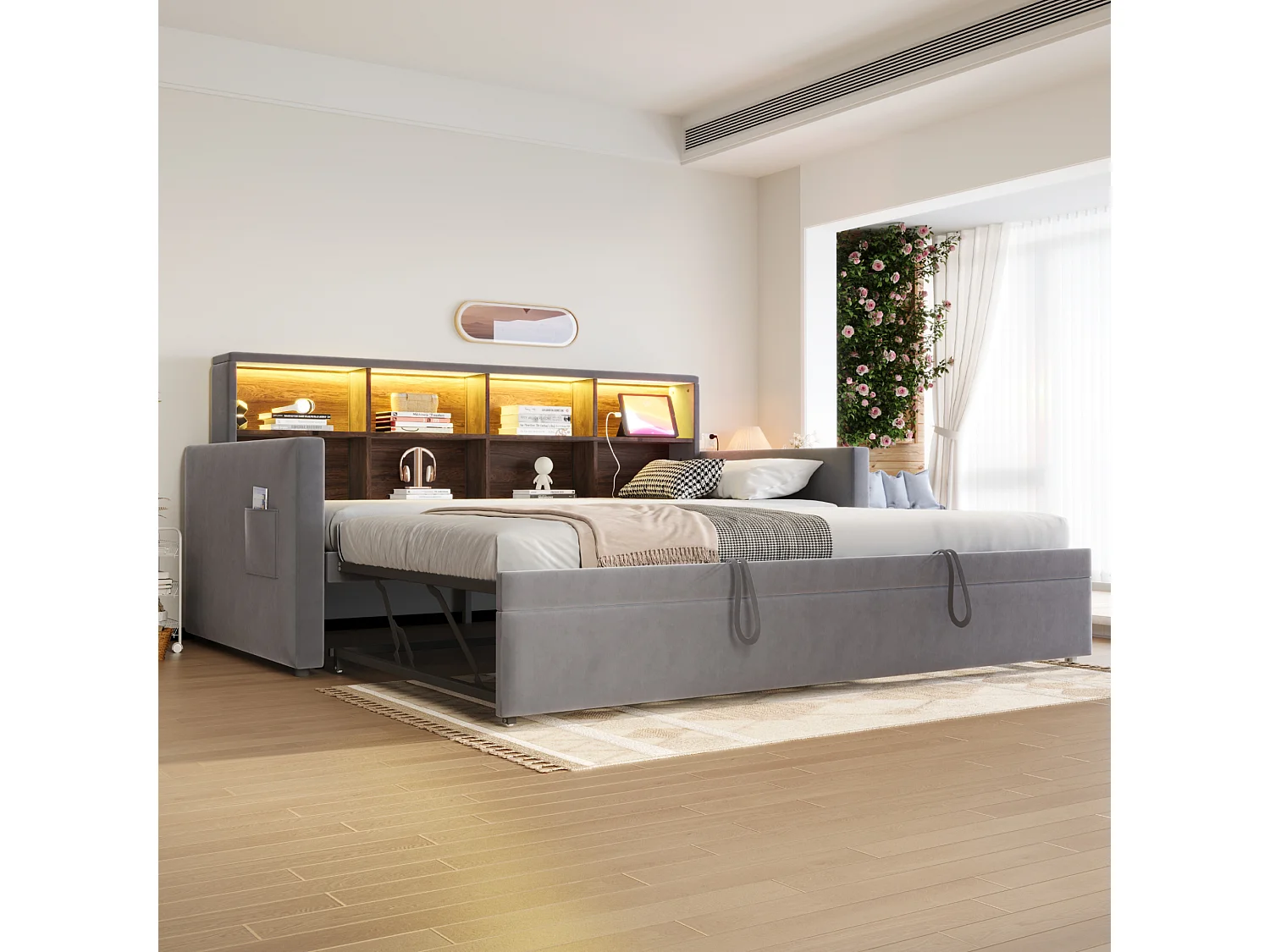 Canapé-lit capitonné - 90 x 190 cm - avec lit gigogne 90 x 190 cm + tête de lit de rangement + Leds - velours - gris