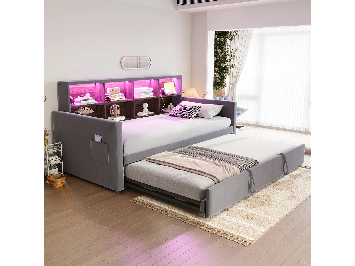 Canapé-lit capitonné - 90 x 190 cm - avec lit gigogne 90 x 190 cm + tête de lit de rangement + Leds - velours - gris