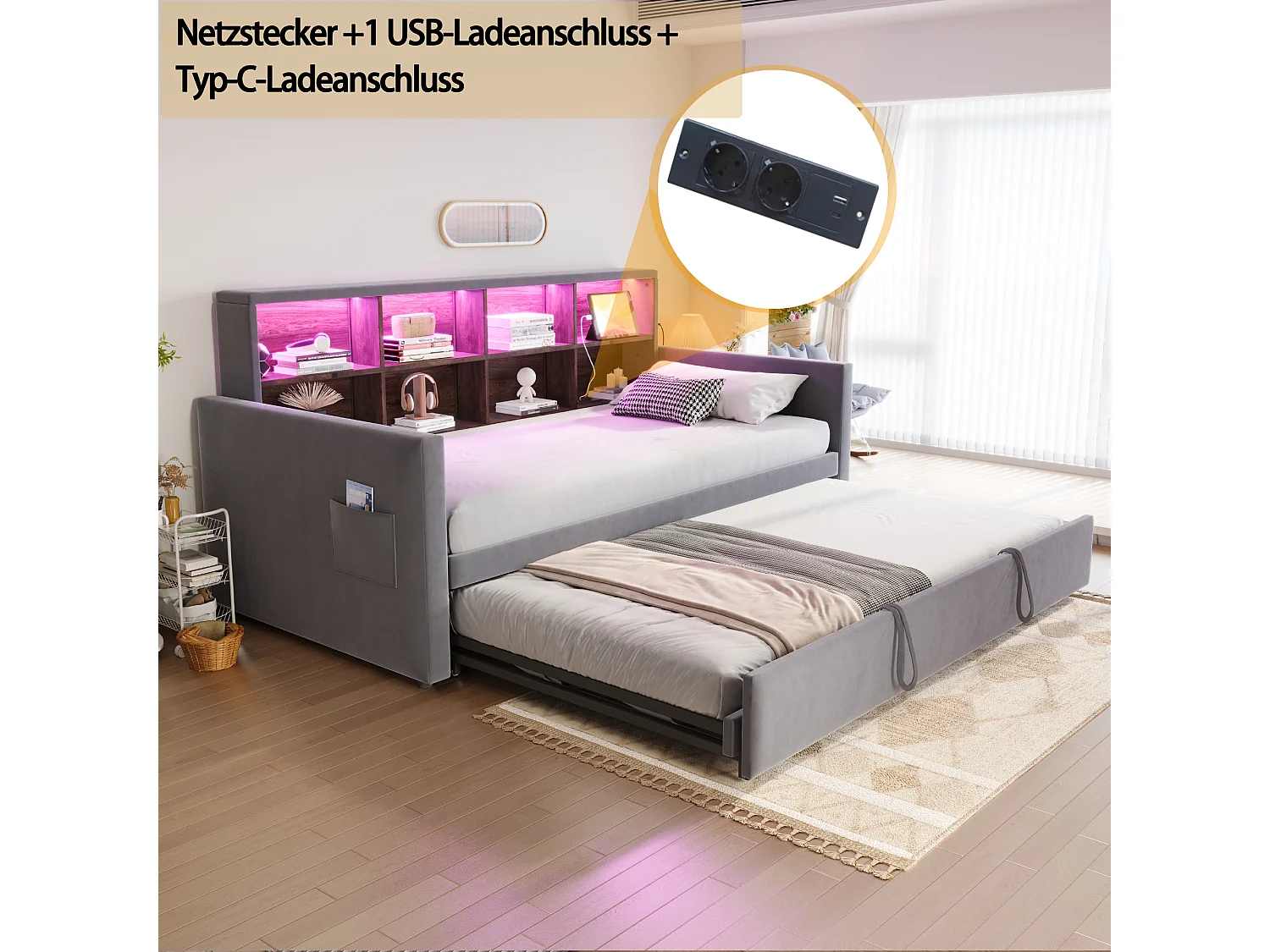 Canapé-lit capitonné - 90 x 190 cm - avec lit gigogne 90 x 190 cm + tête de lit de rangement + Leds - velours - gris