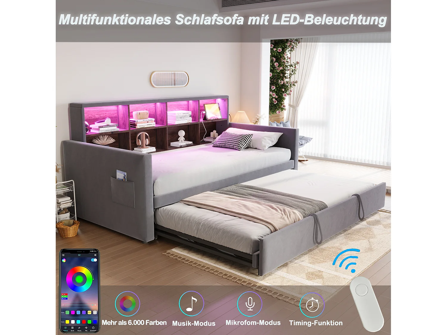 Canapé-lit capitonné - 90 x 190 cm - avec lit gigogne 90 x 190 cm + tête de lit de rangement + Leds - velours - gris