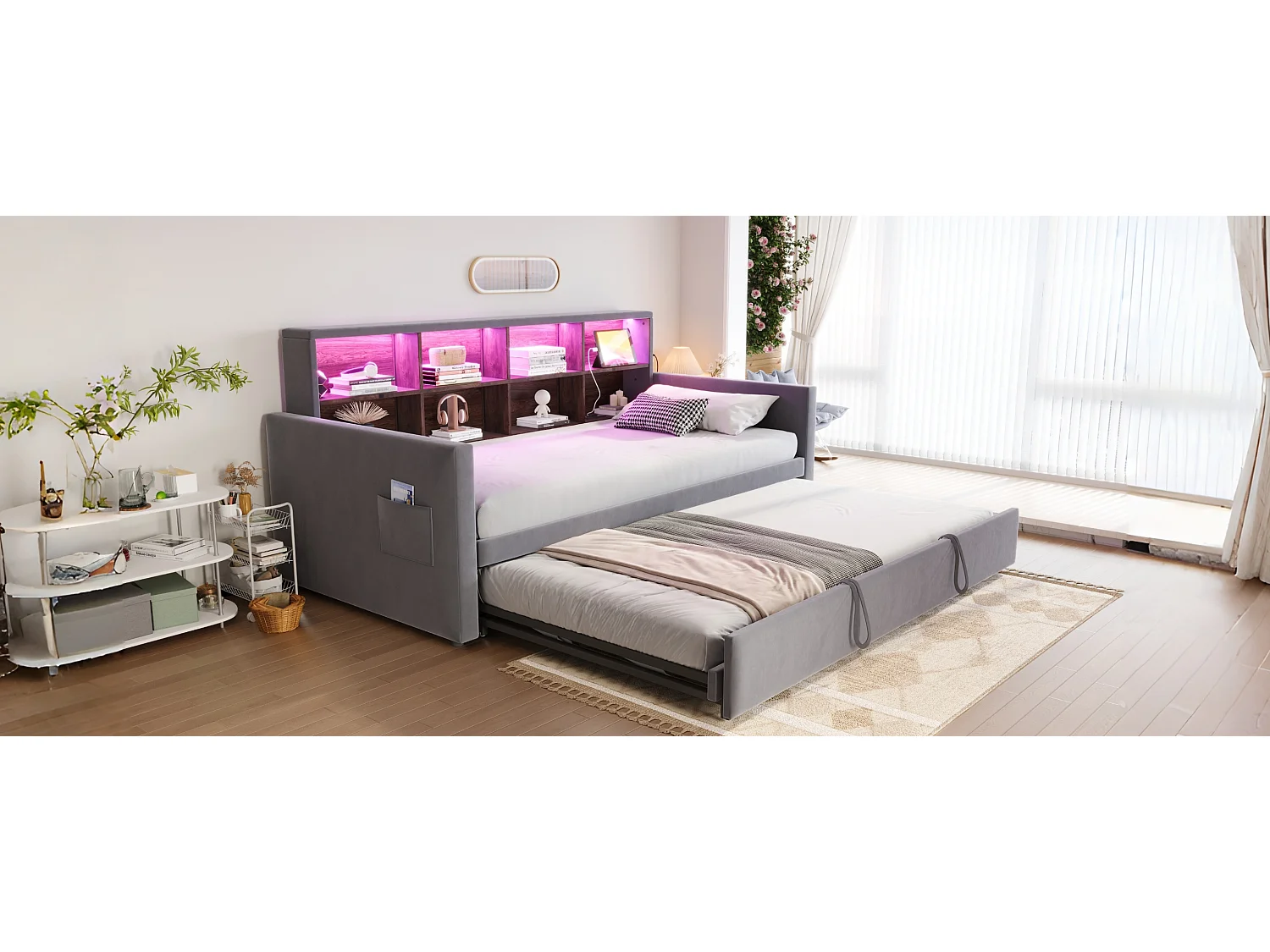 Canapé-lit capitonné - 90 x 190 cm - avec lit gigogne 90 x 190 cm + tête de lit de rangement + Leds - velours - gris