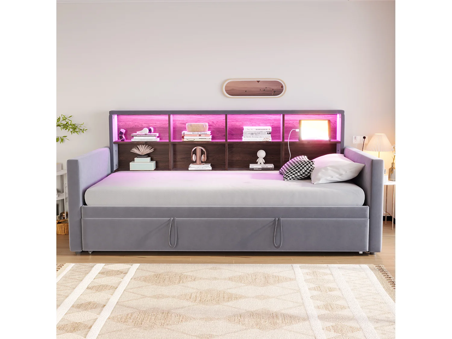 Canapé-lit capitonné - 90 x 190 cm - avec lit gigogne 90 x 190 cm + tête de lit de rangement + Leds - velours - gris