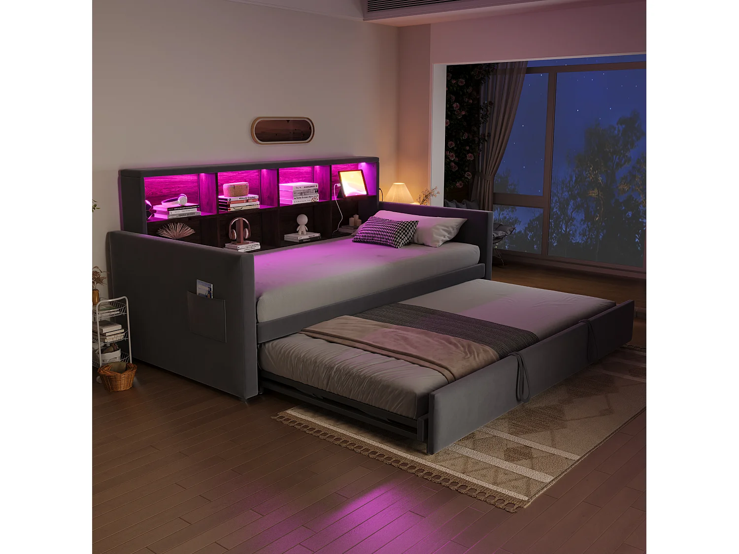 Canapé-lit capitonné - 90 x 190 cm - avec lit gigogne 90 x 190 cm + tête de lit de rangement + Leds - velours - gris