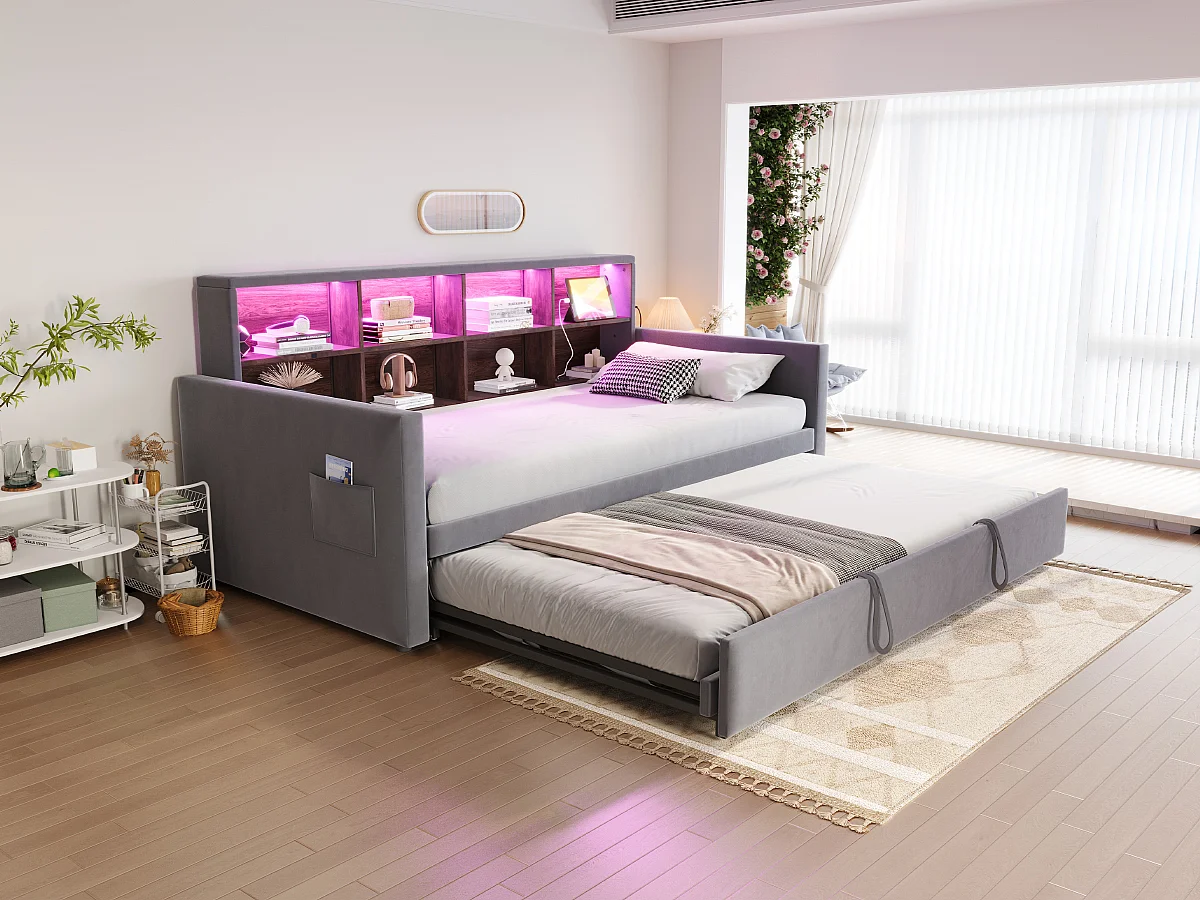 Canapé-lit capitonné - 90 x 190 cm - avec lit gigogne 90 x 190 cm + tête de lit de rangement + Leds - velours - gris