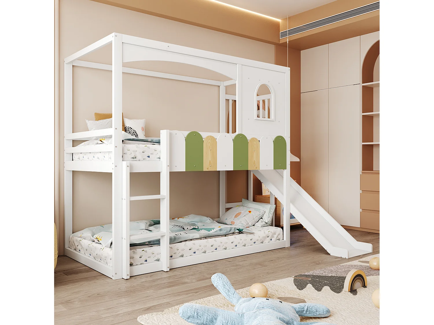 Lit superposés pour enfants - 2 x 90 x 200 cm - en forme de maison - avec fenêtres + toboggan + échelle - bois - blanc