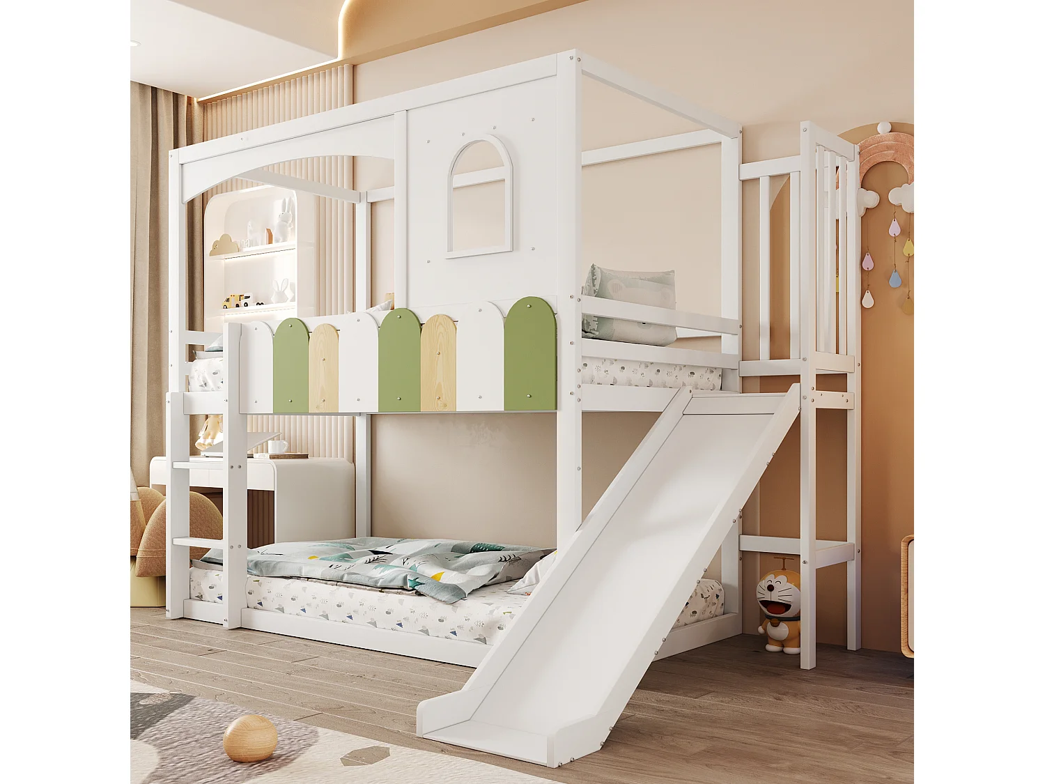 Lit superposés pour enfants - 2 x 90 x 200 cm - en forme de maison - avec fenêtres + toboggan + échelle - bois - blanc