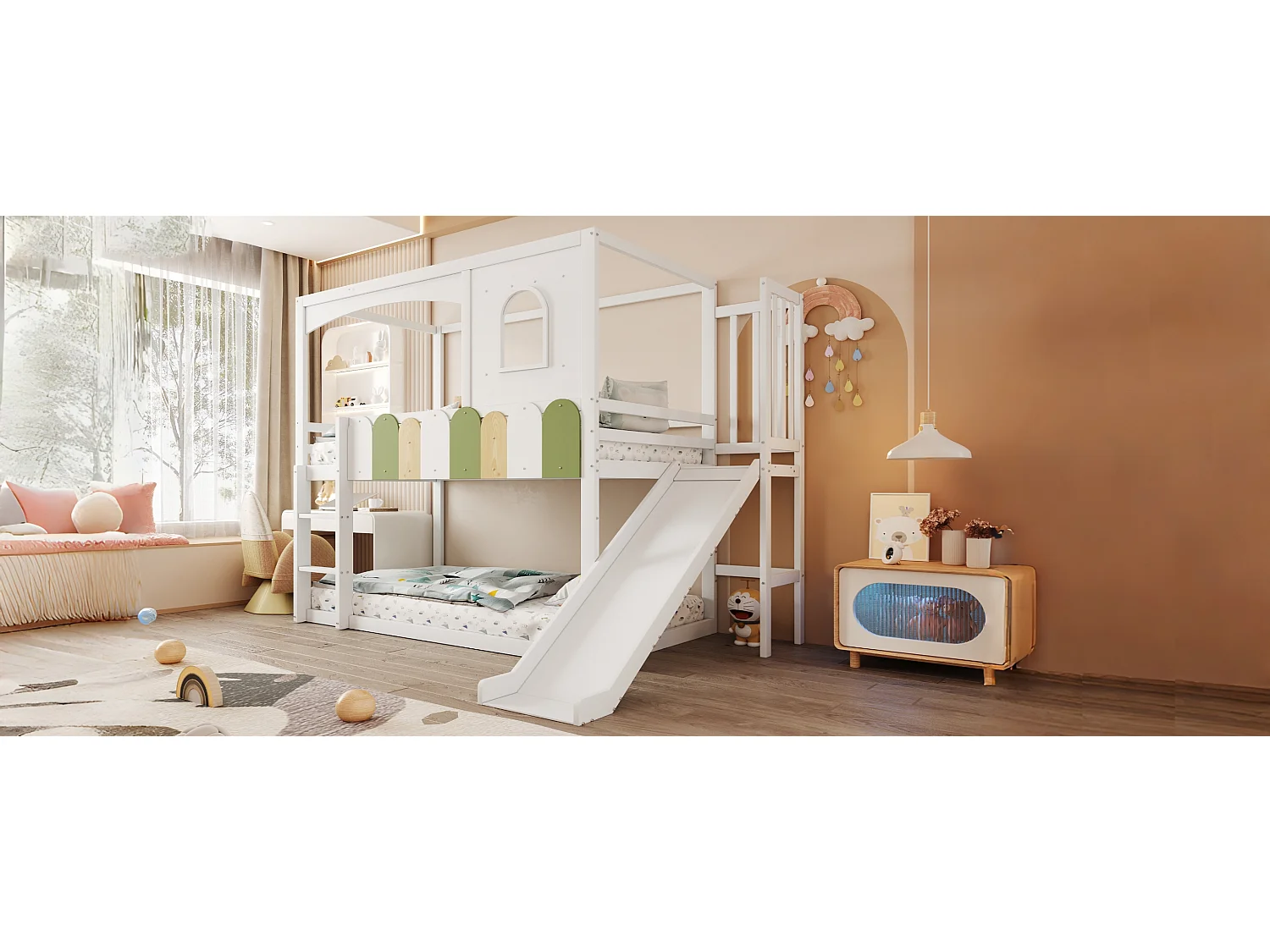 Lit superposés pour enfants - 2 x 90 x 200 cm - en forme de maison - avec fenêtres + toboggan + échelle - bois - blanc