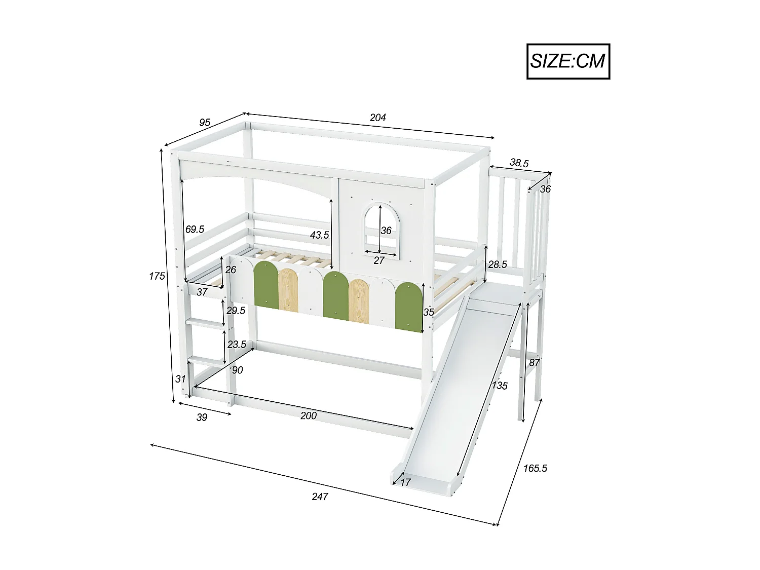 Lit superposés pour enfants - 2 x 90 x 200 cm - en forme de maison - avec fenêtres + toboggan + échelle - bois - blanc