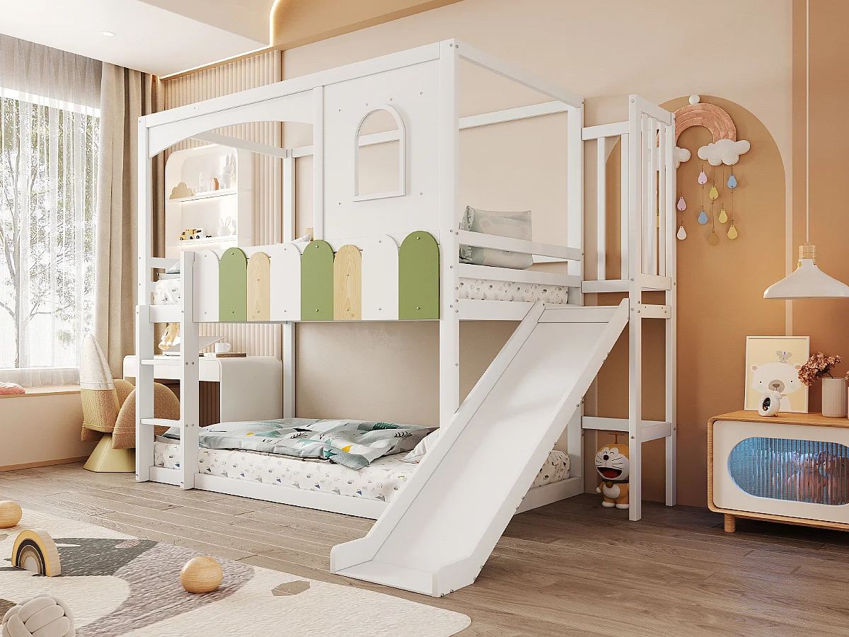 Letto a castello per bambini - 2 x 90 x 200 cm - a forma di casa - con finestre + scivolo + scaletta - legno - bianco