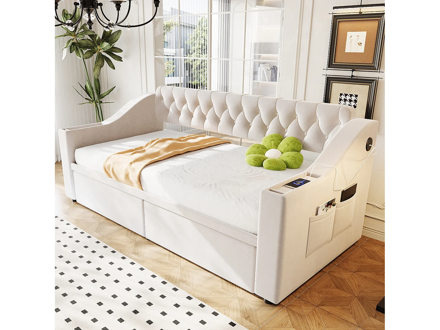 Canapé-lit capitonné enfant - 90 x 190 cm - avec accoudoirs de rangement + USB + 2 tiroirs - velours - beige