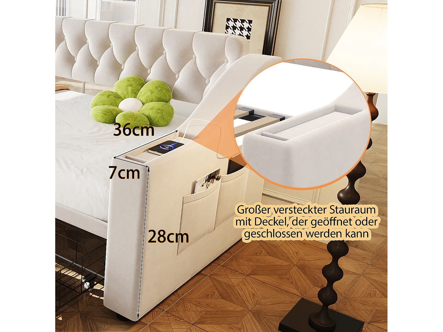 Canapé-lit capitonné enfant - 90 x 190 cm - avec accoudoirs de rangement + USB + 2 tiroirs - velours - beige