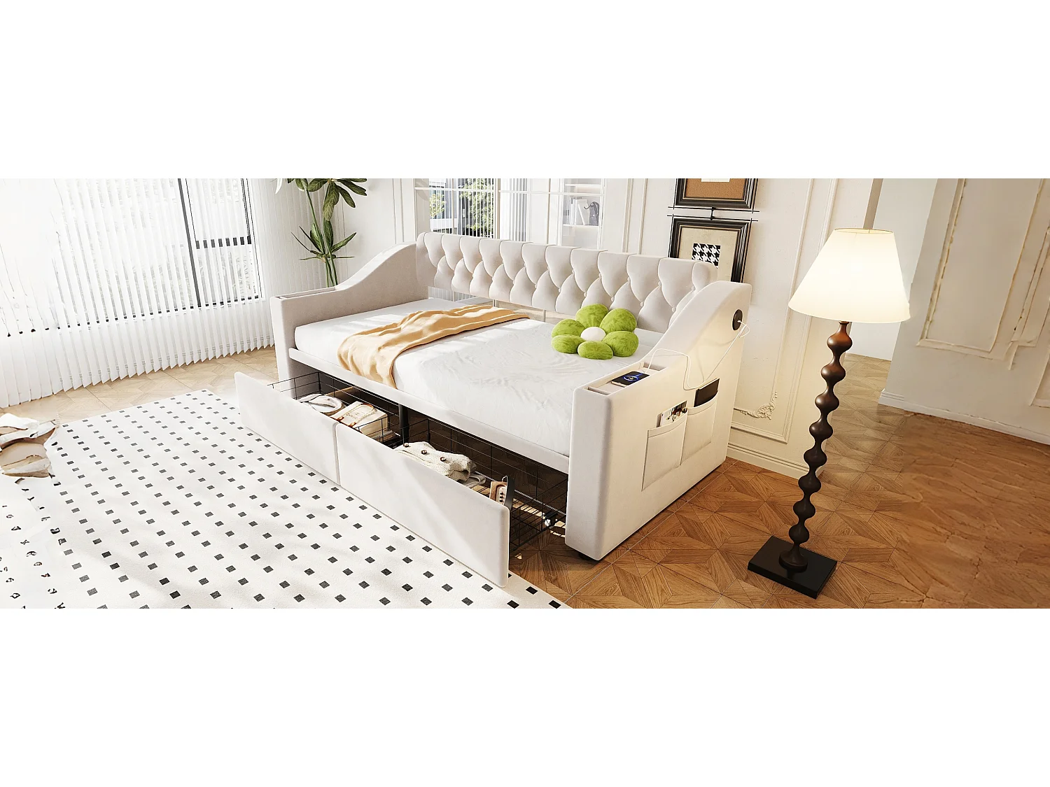 Canapé-lit capitonné enfant - 90 x 190 cm - avec accoudoirs de rangement + USB + 2 tiroirs - velours - beige