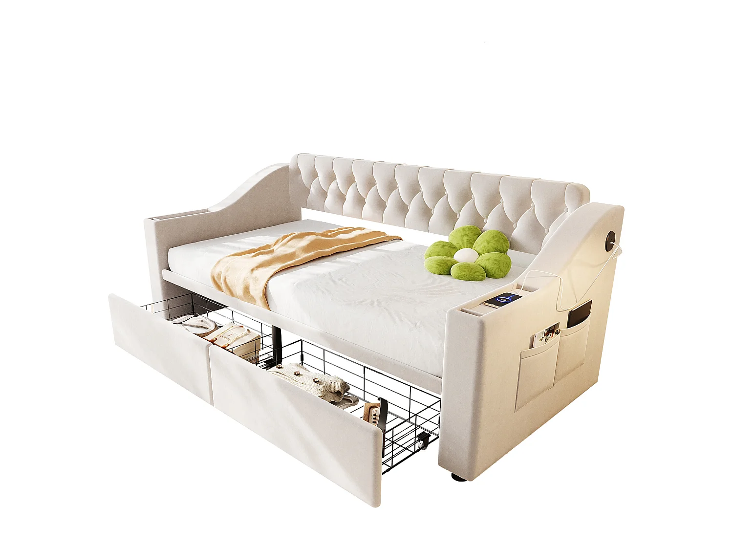 Canapé-lit capitonné enfant - 90 x 190 cm - avec accoudoirs de rangement + USB + 2 tiroirs - velours - beige