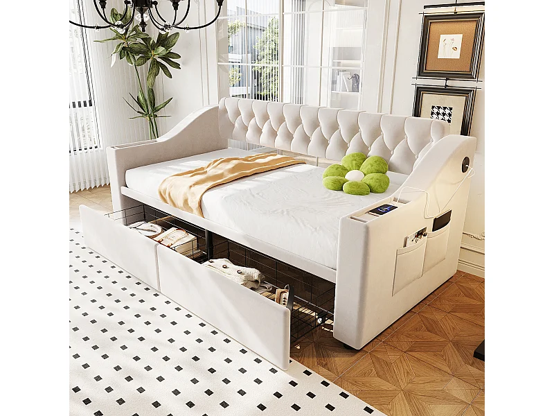 Canapé-lit capitonné enfant - 90 x 190 cm - avec accoudoirs de rangement + USB + 2 tiroirs - velours - beige