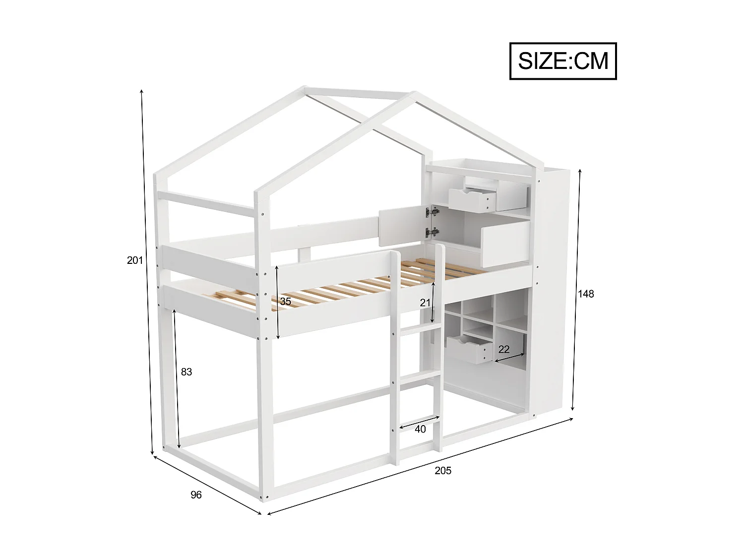 Lit superposés enfant - 2 x 90 x 200 cm - en forme de maison - avec tiroirs + étagère de rangement - bois - blanc
