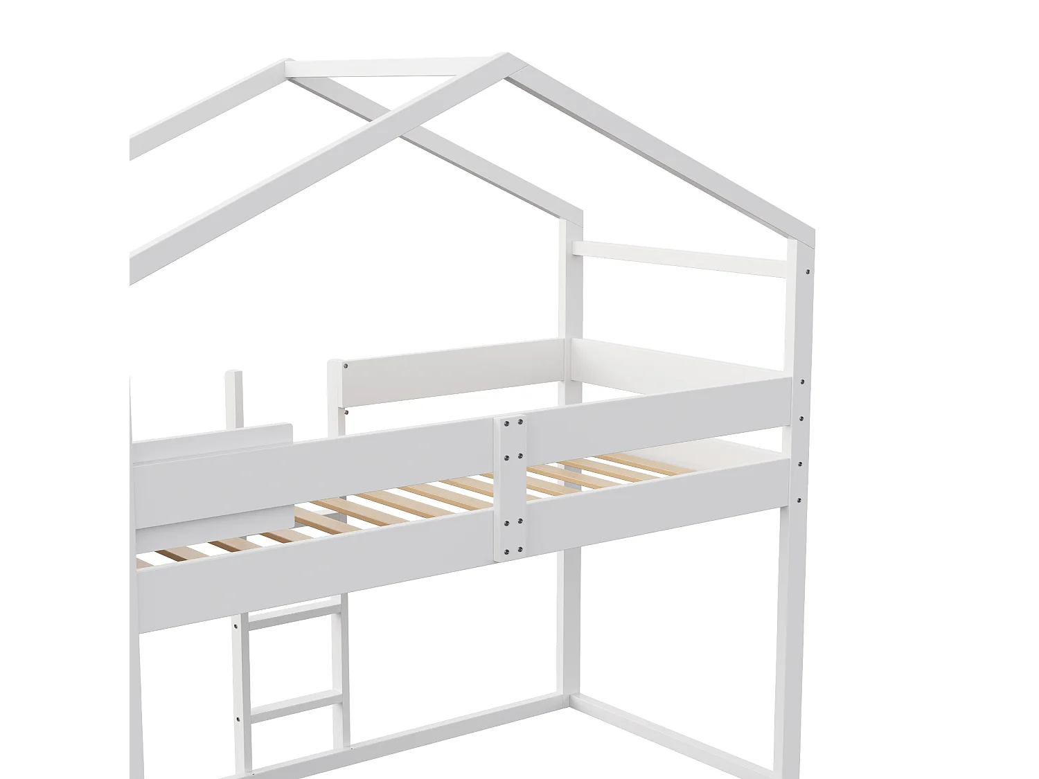 Lit superposés enfant - 2 x 90 x 200 cm - en forme de maison - avec tiroirs + étagère de rangement - bois - blanc
