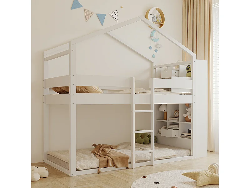 Lit superposés enfant - 2 x 90 x 200 cm - en forme de maison - avec tiroirs + étagère de rangement - bois - blanc
