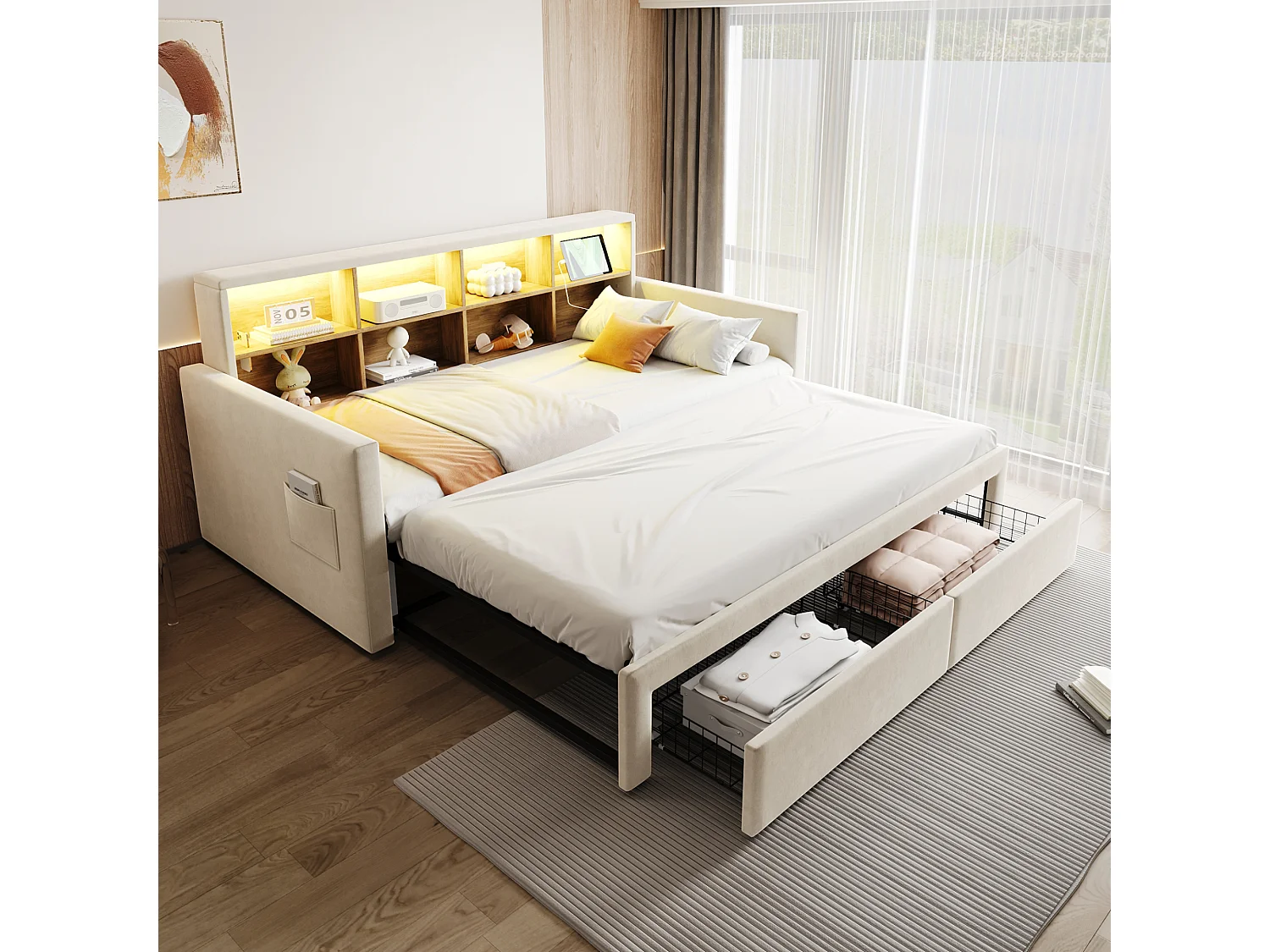 Canapé-lit extensible enfant - 90/180 x 190 cm - tête de lit avec rangement + Leds + prises - avec 2 tiroirs - velours - beige