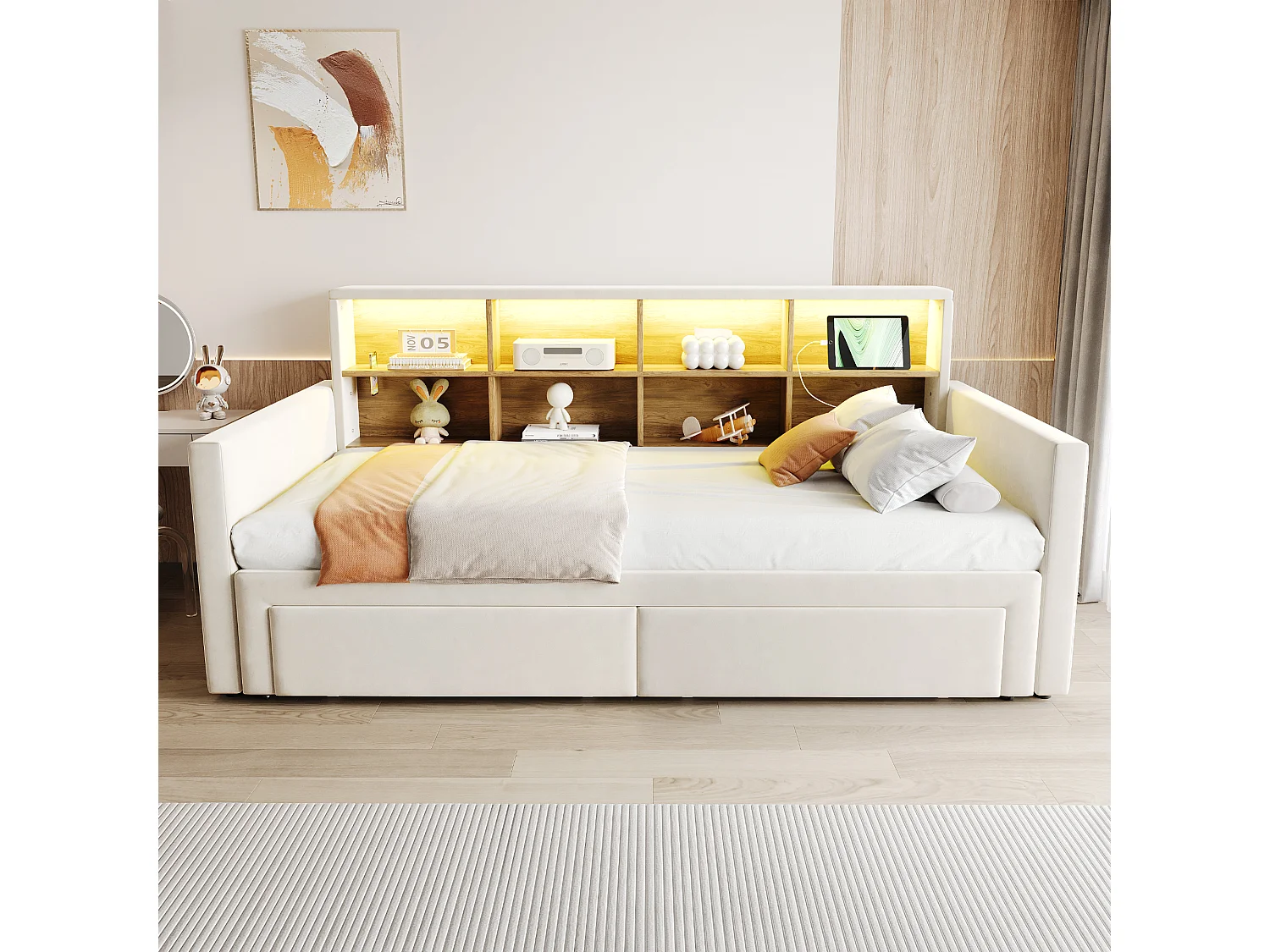 Canapé-lit extensible enfant - 90/180 x 190 cm - tête de lit avec rangement + Leds + prises - avec 2 tiroirs - velours - beige