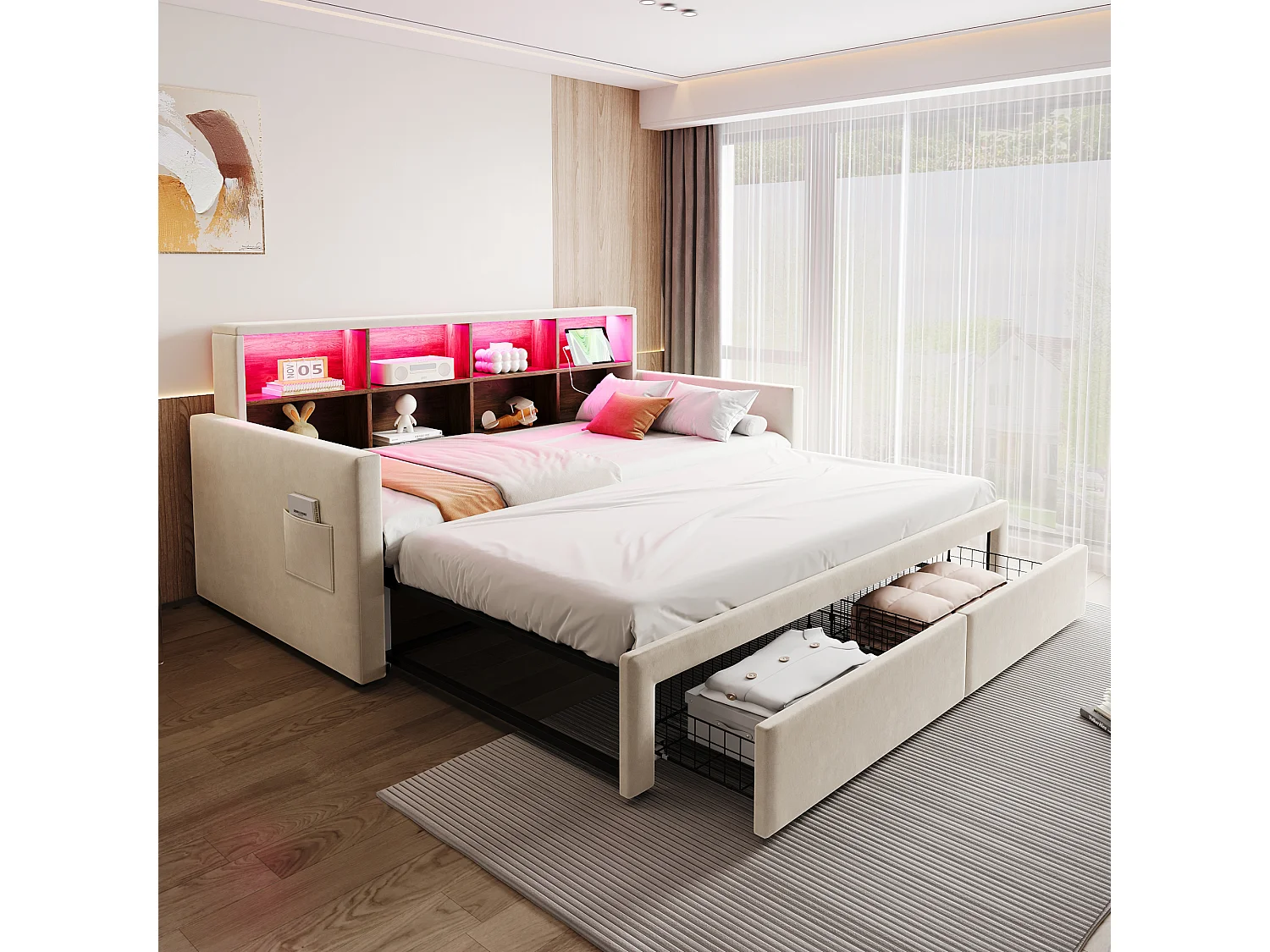 Canapé-lit extensible enfant - 90/180 x 190 cm - tête de lit avec rangement + Leds + prises - avec 2 tiroirs - velours - beige