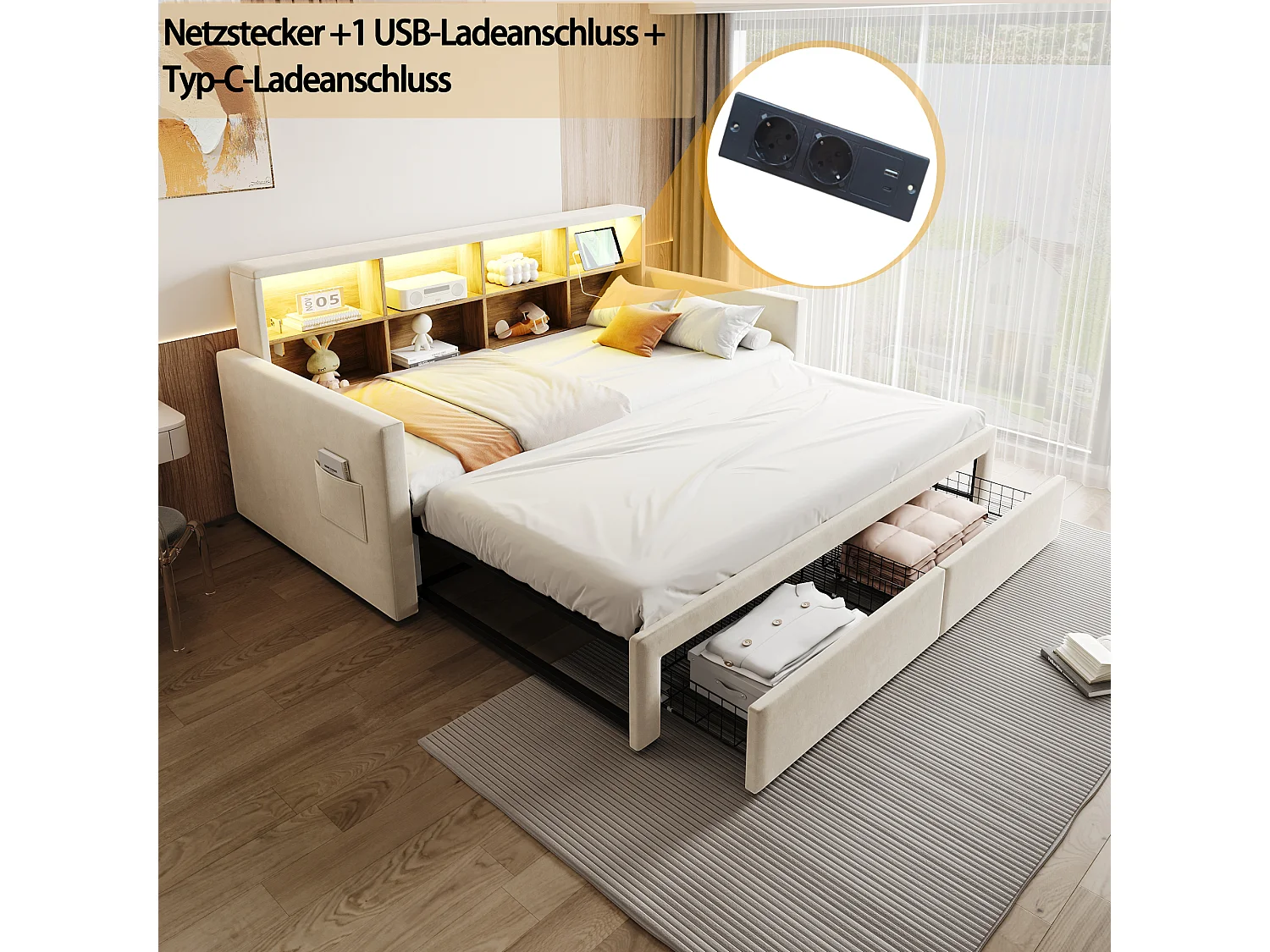 Canapé-lit extensible enfant - 90/180 x 190 cm - tête de lit avec rangement + Leds + prises - avec 2 tiroirs - velours - beige