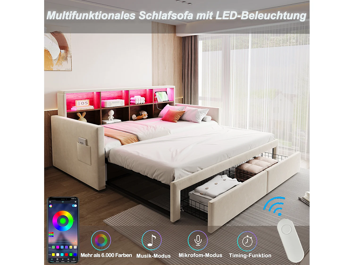 Canapé-lit extensible enfant - 90/180 x 190 cm - tête de lit avec rangement + Leds + prises - avec 2 tiroirs - velours - beige