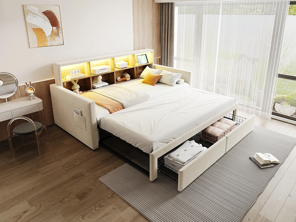 Canapé-lit extensible enfant - 90/180 x 190 cm - tête de lit avec rangement + Leds + prises - avec 2 tiroirs - velours - beige