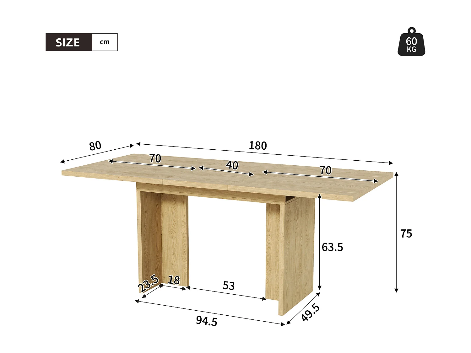 Table de salle à manger extensible - 140/180 x 80 x 75 cm - pour 6 à 8 personnes - style sobre - MDF - naturel