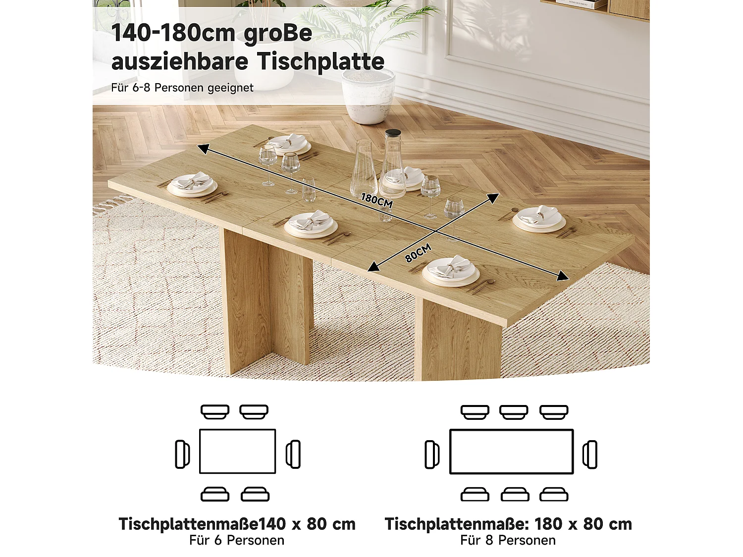 Table de salle à manger extensible - 140/180 x 80 x 75 cm - pour 6 à 8 personnes - style sobre - MDF - naturel