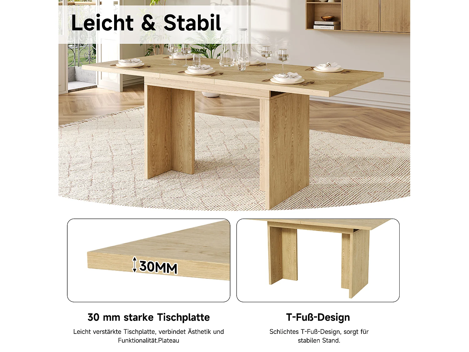 Table de salle à manger extensible - 140/180 x 80 x 75 cm - pour 6 à 8 personnes - style sobre - MDF - naturel