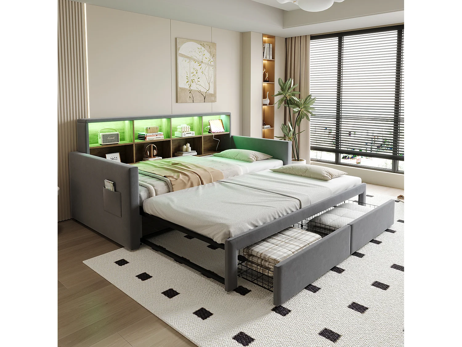 Canapé-lit extensible enfant - 90/180 x 190 cm - tête de lit avec rangement + Leds + prises - avec 2 tiroirs - velours - gris