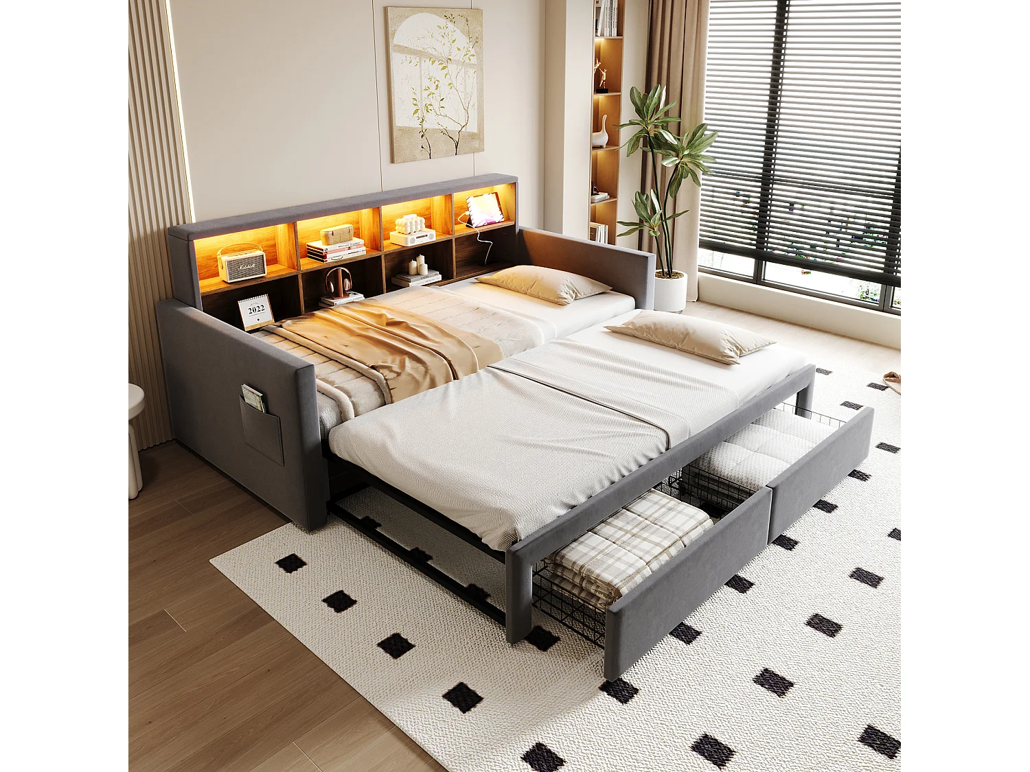 Canapé-lit extensible enfant - 90/180 x 190 cm - tête de lit avec rangement + Leds + prises - avec 2 tiroirs - velours - gris