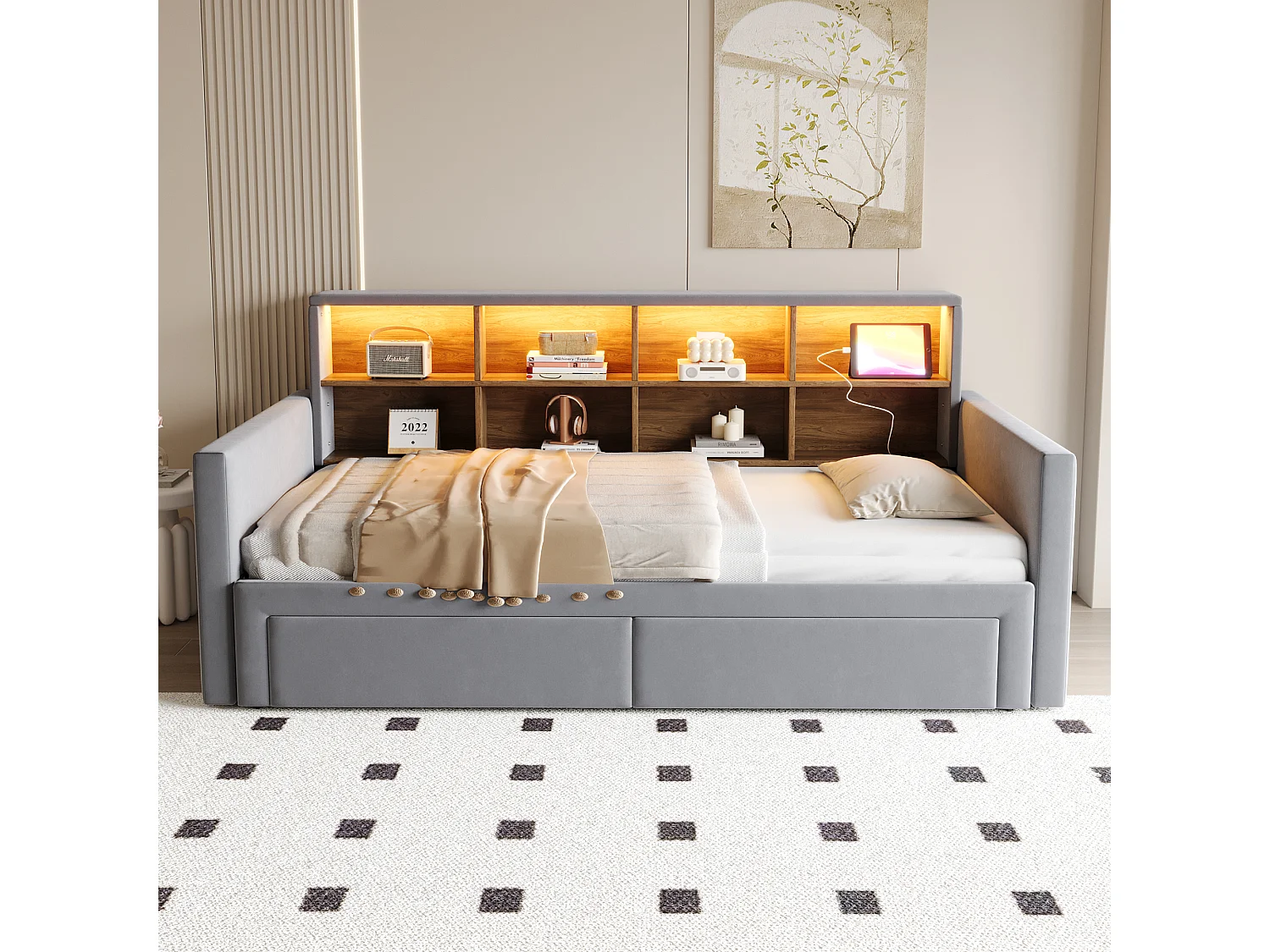 Canapé-lit extensible enfant - 90/180 x 190 cm - tête de lit avec rangement + Leds + prises - avec 2 tiroirs - velours - gris