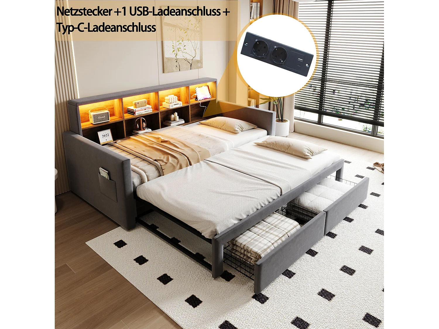 Canapé-lit extensible enfant - 90/180 x 190 cm - tête de lit avec rangement + Leds + prises - avec 2 tiroirs - velours - gris