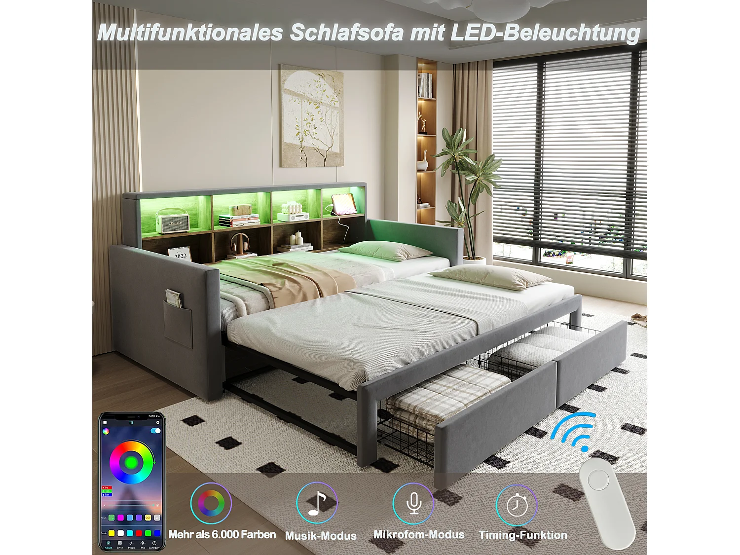 Canapé-lit extensible enfant - 90/180 x 190 cm - tête de lit avec rangement + Leds + prises - avec 2 tiroirs - velours - gris