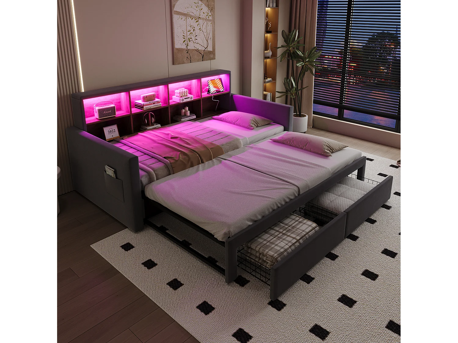 Canapé-lit extensible enfant - 90/180 x 190 cm - tête de lit avec rangement + Leds + prises - avec 2 tiroirs - velours - gris