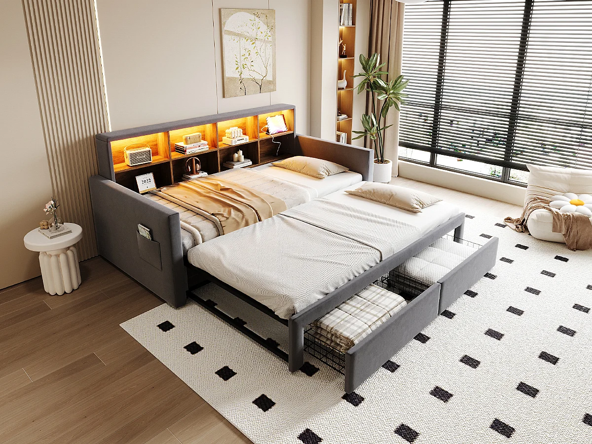 Canapé-lit extensible enfant - 90/180 x 190 cm - tête de lit avec rangement + Leds + prises - avec 2 tiroirs - velours - gris