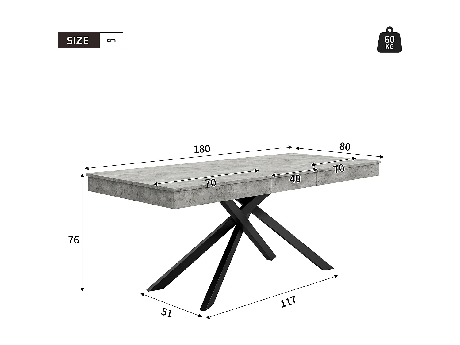 Table de salle à manger extensible - 140/180 x 80 x 76 cm - pour 6 à 8 personnes - pieds en métal - MDF - gris