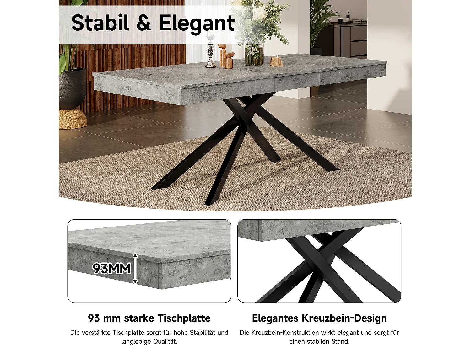 Table de salle à manger extensible - 140/180 x 80 x 76 cm - pour 6 à 8 personnes - pieds en métal - MDF - gris