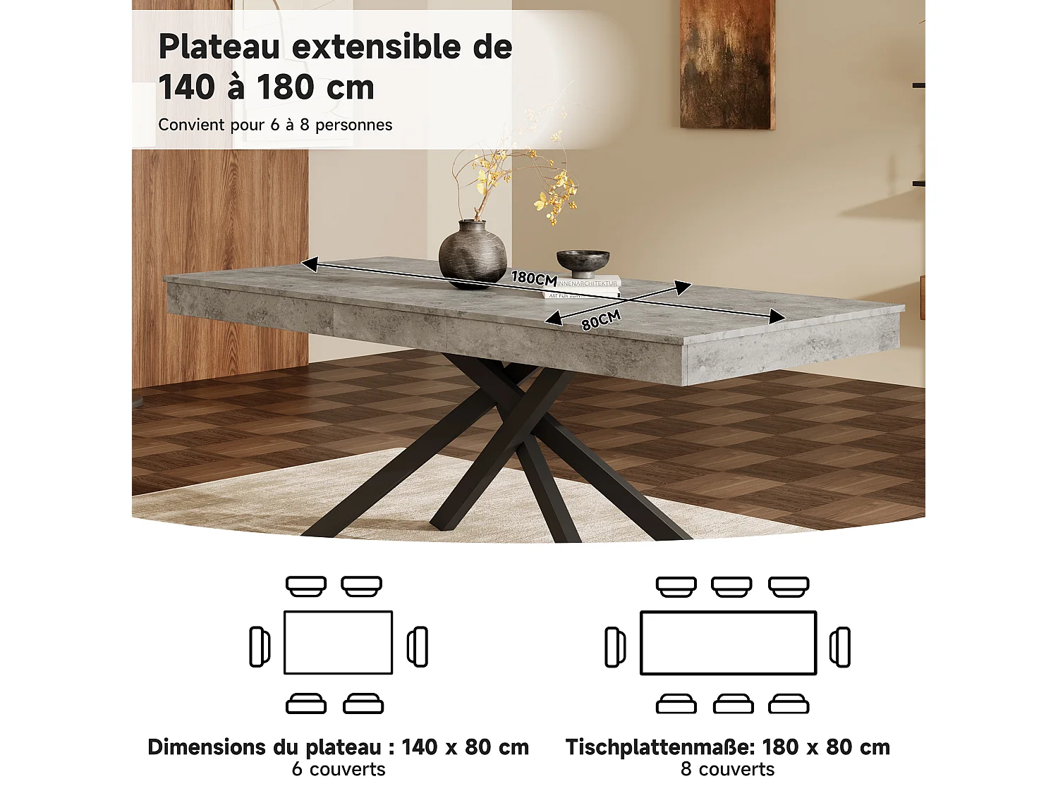 Table de salle à manger extensible - 140/180 x 80 x 76 cm - pour 6 à 8 personnes - pieds en métal - MDF - gris