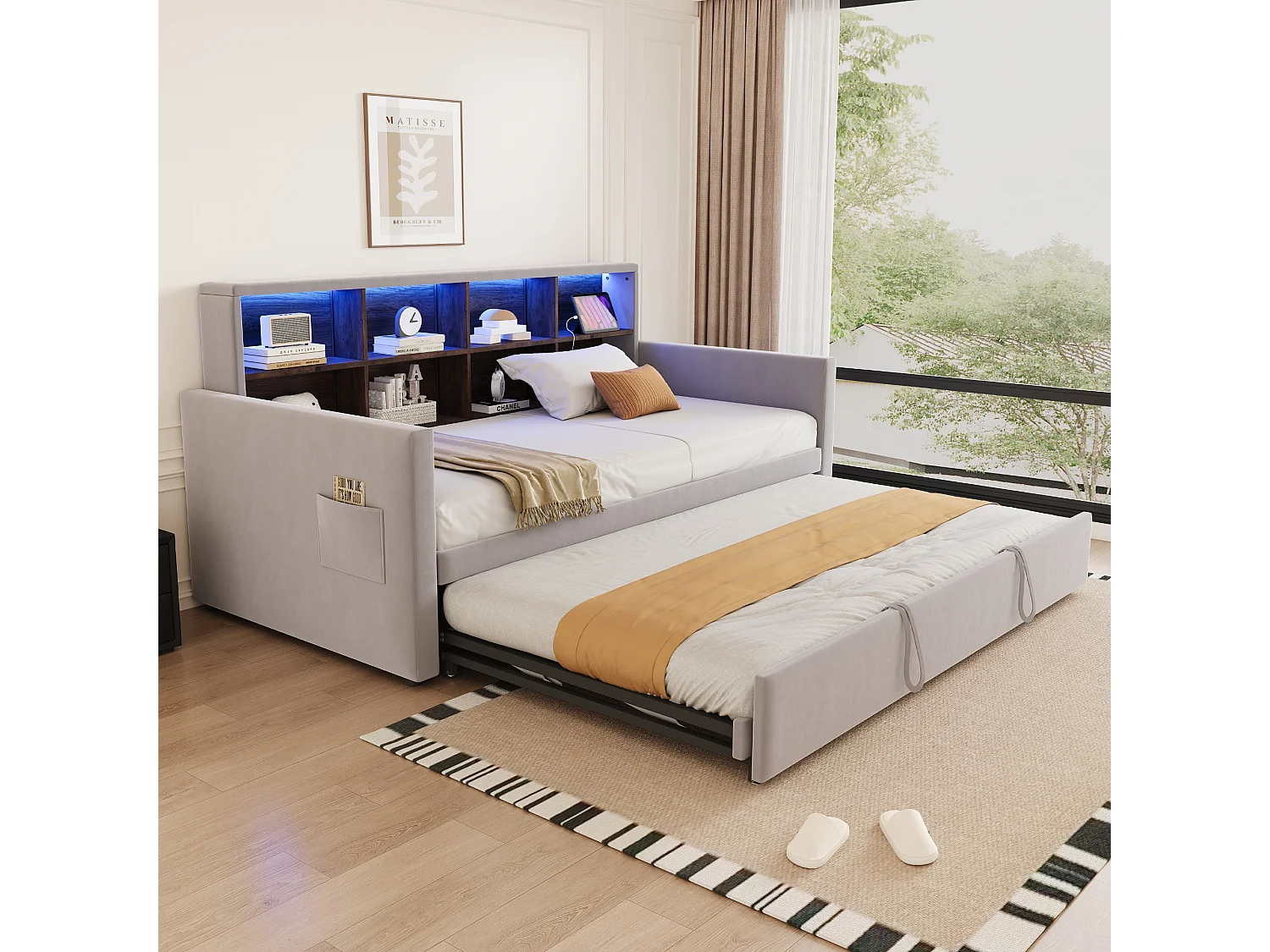 Canapé-lit capitonné - 90 x 190 cm - avec lit gigogne 90 x 190 cm + tête de lit de rangement + Leds - velours - gris clair