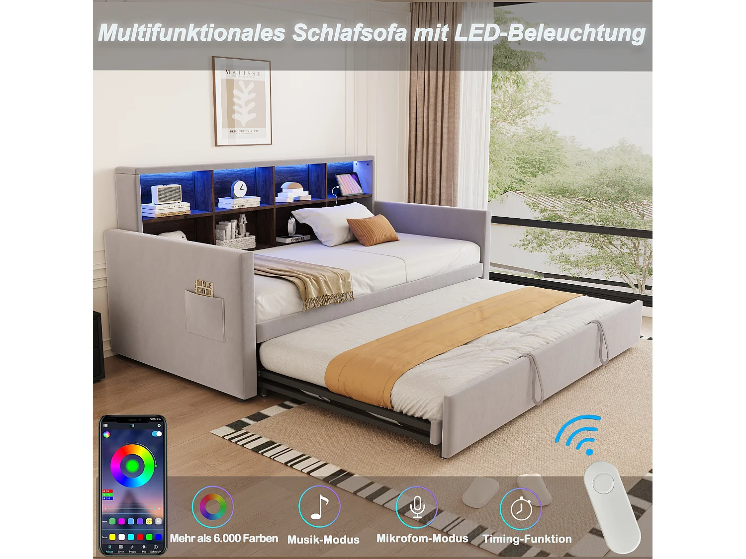 Canapé-lit capitonné - 90 x 190 cm - avec lit gigogne 90 x 190 cm + tête de lit de rangement + Leds - velours - gris clair