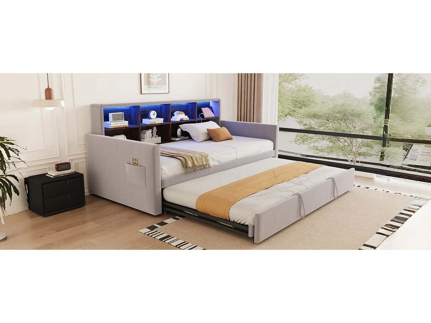 Canapé-lit capitonné - 90 x 190 cm - avec lit gigogne 90 x 190 cm + tête de lit de rangement + Leds - velours - gris clair