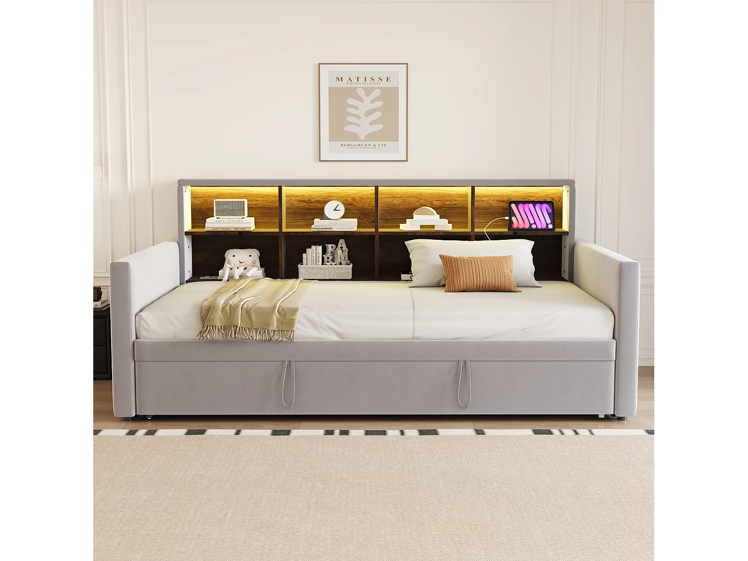 Polstret sovesofa - 90 x 190 cm - med udtræksseng 90 x 190 cm + sengegavl med opbevaring + LED-lys - fløjl - lysegrå
