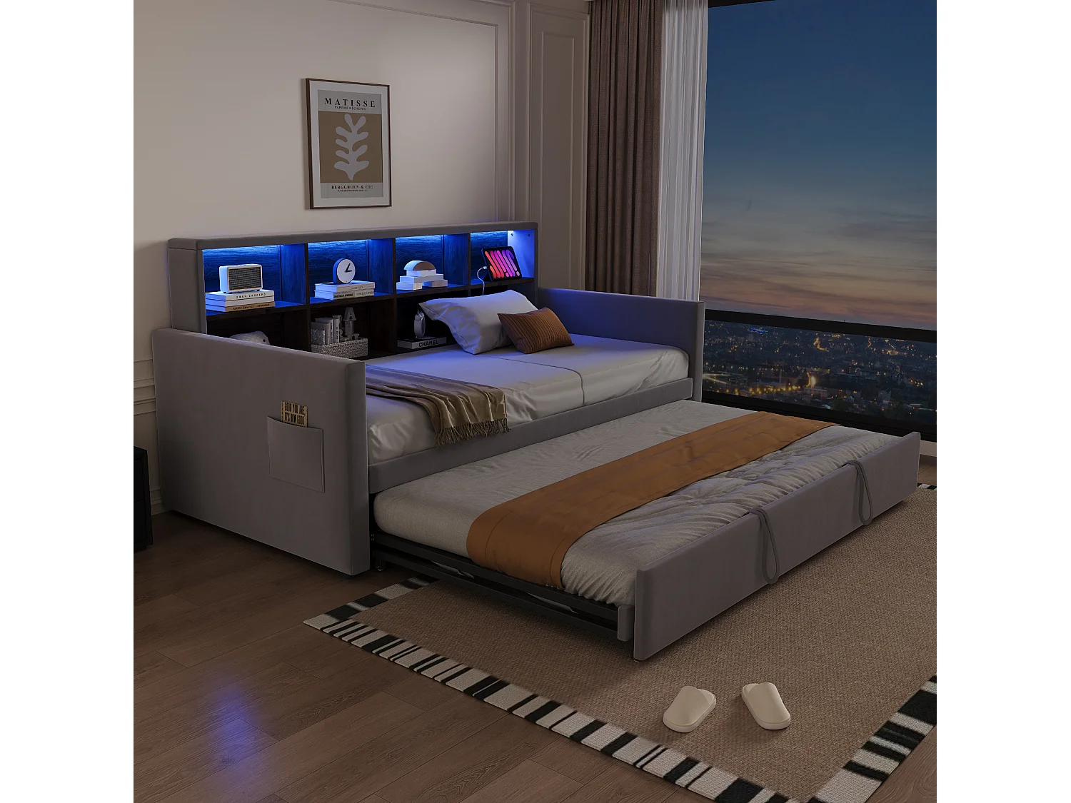 Polstret sovesofa - 90 x 190 cm - med udtræksseng 90 x 190 cm + sengegavl med opbevaring + LED-lys - fløjl - lysegrå