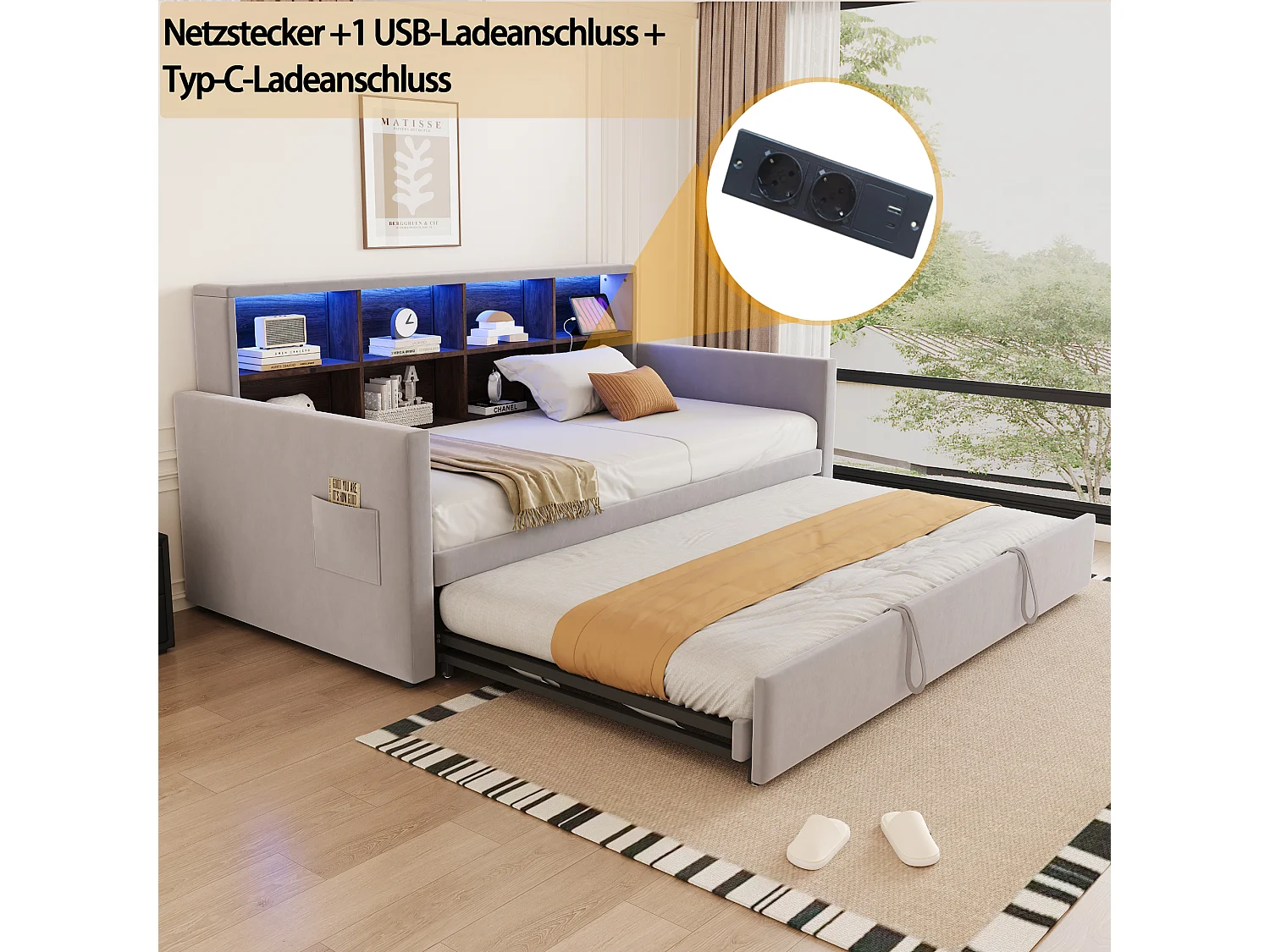 Polstret sovesofa - 90 x 190 cm - med udtræksseng 90 x 190 cm + sengegavl med opbevaring + LED-lys - fløjl - lysegrå