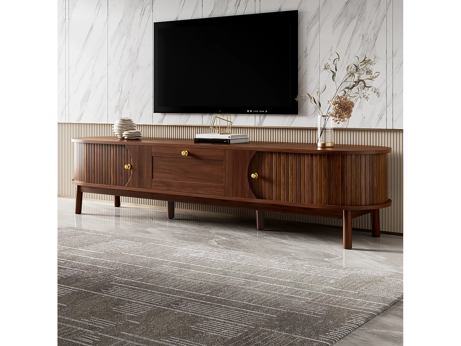 Meuble TV moderne en bois - 170 x 39.5 x 38 cm - avec tiroir + 2 portes - angles arrondis classiques - MDF - marron